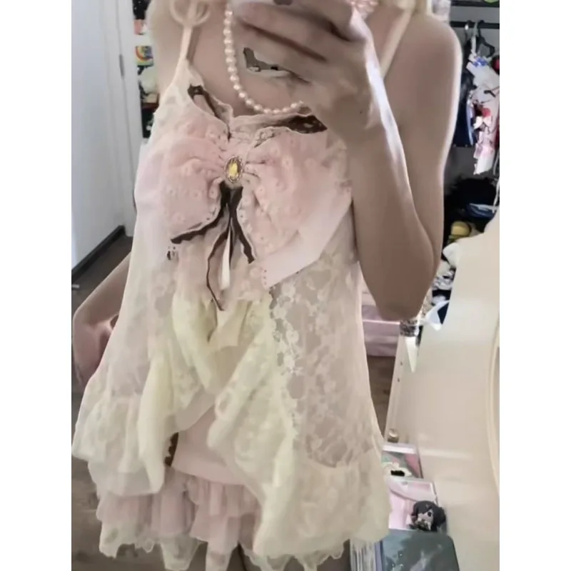 Japanese Vintage Sweet 2 Piece Set Casual Bow Lace Square Camisole Top Ruffle Mini Skirt Slim Fit Korean Party Outfit 니트 스커트