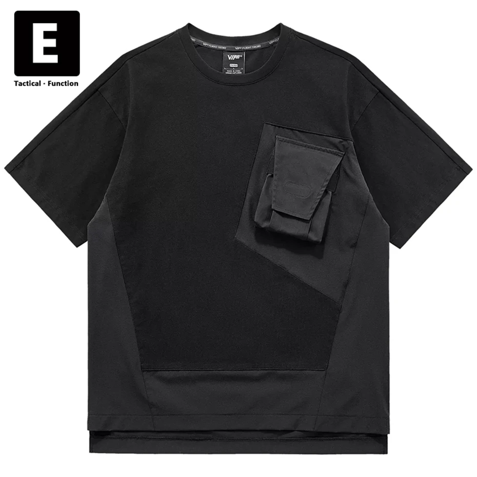 Black Techwear T-shirt Hip Hop Streetwear Pocket Patchwork Cargo Tshirt Men Summer Short Sleeve Tops Tees Male