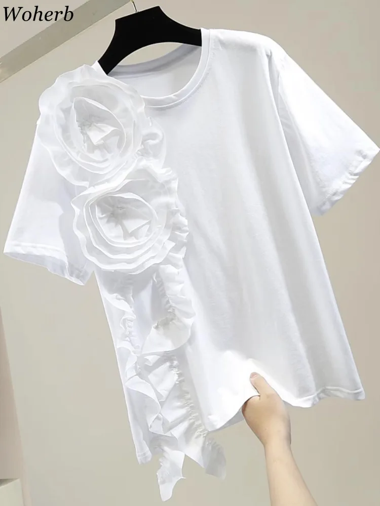 2024 Ropa Mujer magliette estive per le donne o-collo temperamento Casual Tees bianco 3D floreale moda magliette coreano top oversize