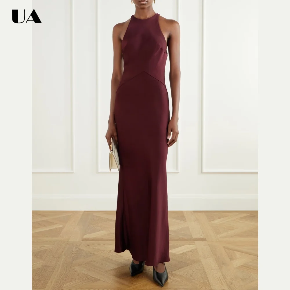 ULBYANRY Customized Satin Sleeveless Prom Dresses for Women, Elegant Slim Fit Evening Dress, Simple O-neck Solid Formal Dress