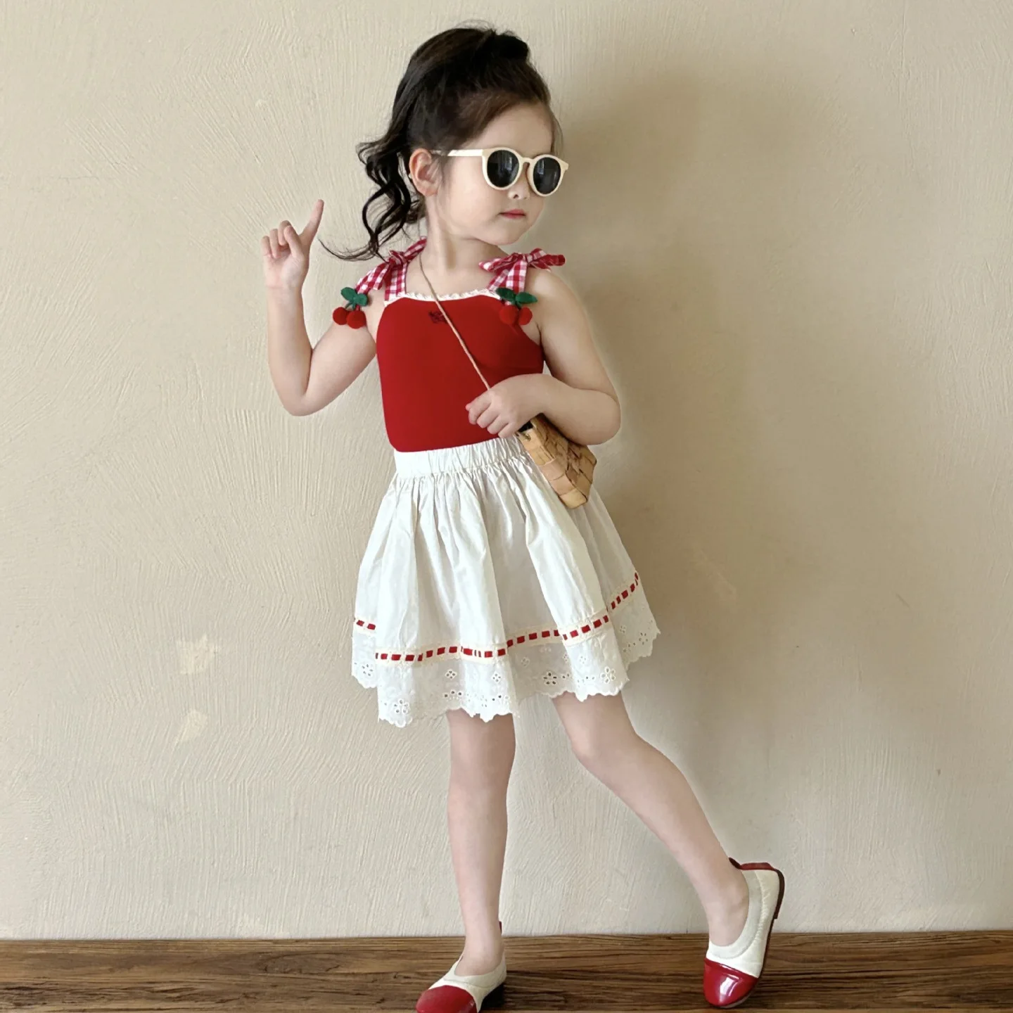 

Children Girls 2PCS Cllothing Set Babys Girls Cherry Halter Top+skirts Outfit Toddler Girls Boutique Lace Skirt Suit Infant Sets