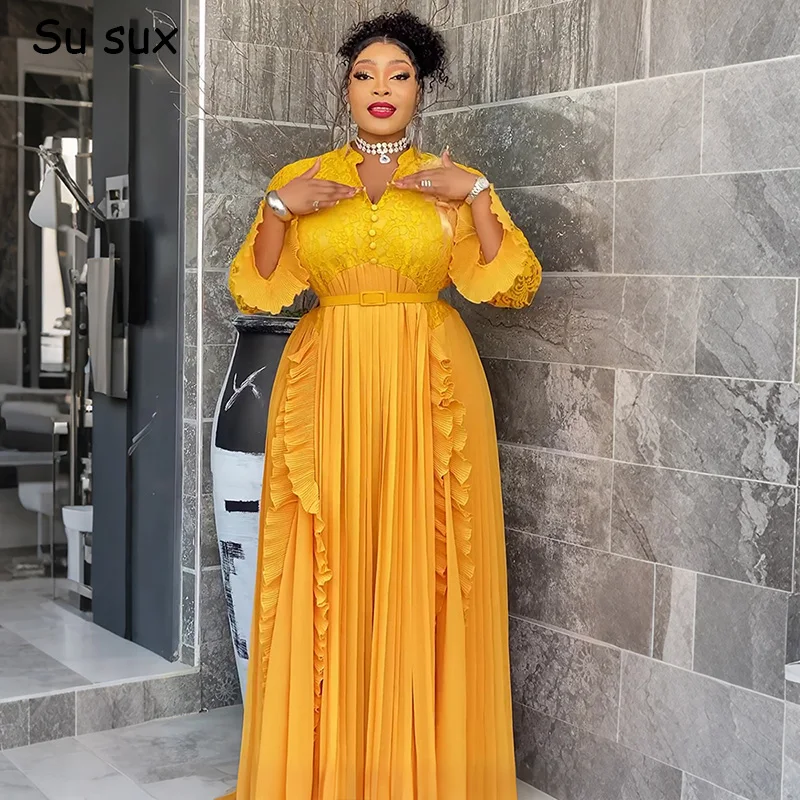 Elegant Lace Patchwork Maxi Dress African Dresses For Woman Ruffles Long Sleeve Long Dress Africa Clothing Partyclub Robe