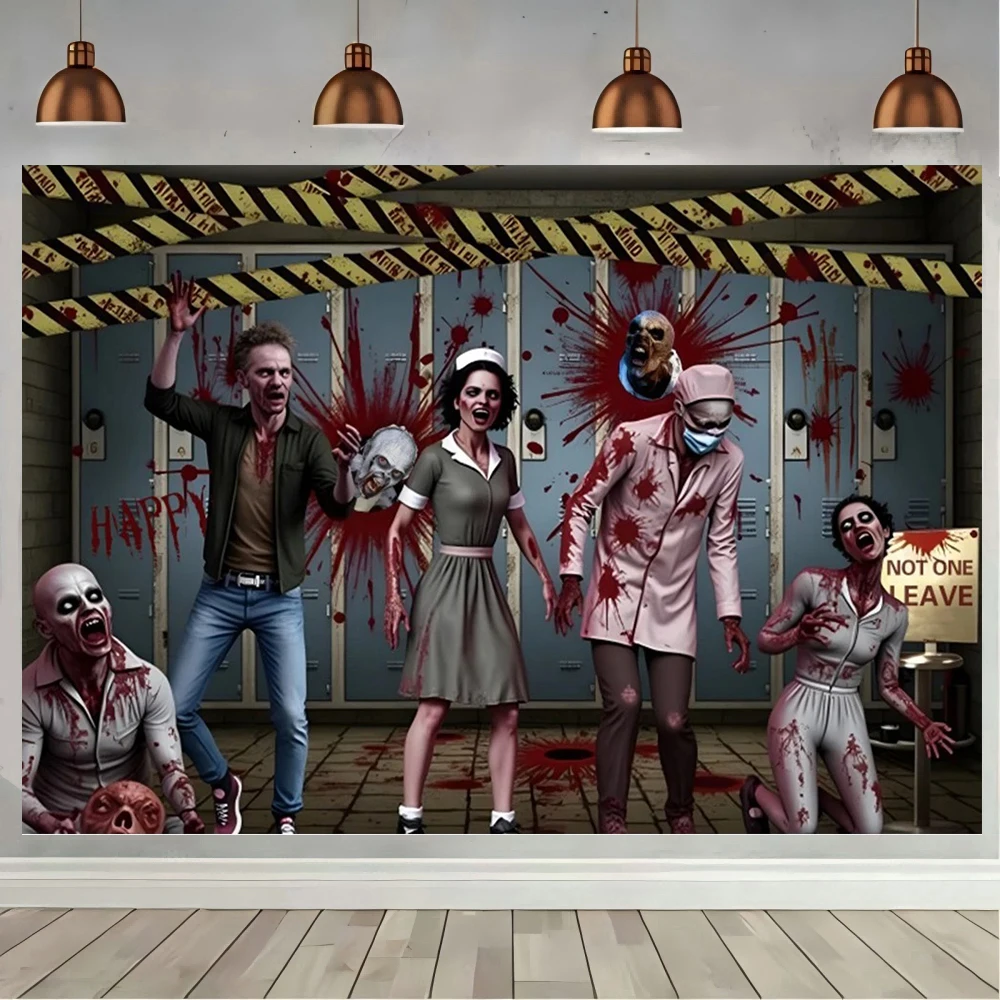 Halloween Zombie Hospital Backdrop Mutant Doctor Patient Horror Scene Emergency Room Warning Signs Wheelchair Props Background
