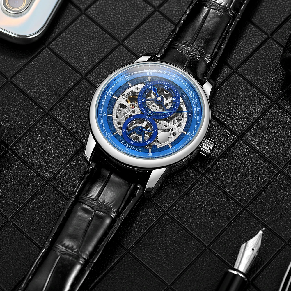 Imagem -03 - Forsining Prata Case Azul Dial Criativo Mãos Automático Relógios Mecânicos Masculinos Marca Superior de Luxo Masculino Relógio Relógio Masculino