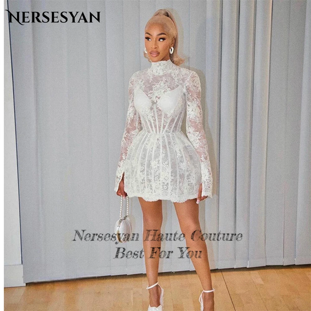 Nersesyan-Mini Vestidos De Noiva De Renda, Pescoço Alto, A-Line, Manga Comprida, Vestidos De Noiva, Acima Do Joelho, Vestido De Noiva Sólido, Luxo, Frete Grátis