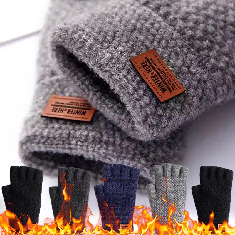 New Men Winter Wool Fingerless Gloves Half Finger Writting Office Knitted Alpaca Warm Leather Label Outdoor Thick Driving Gloves