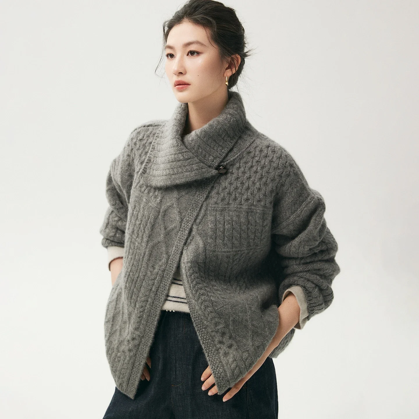 Design Brand Women's Single Button Cardigan 100% Cashmere Sweatser Thicken High Lapel Knitwear Clothing Autumn Winter Wool Coat