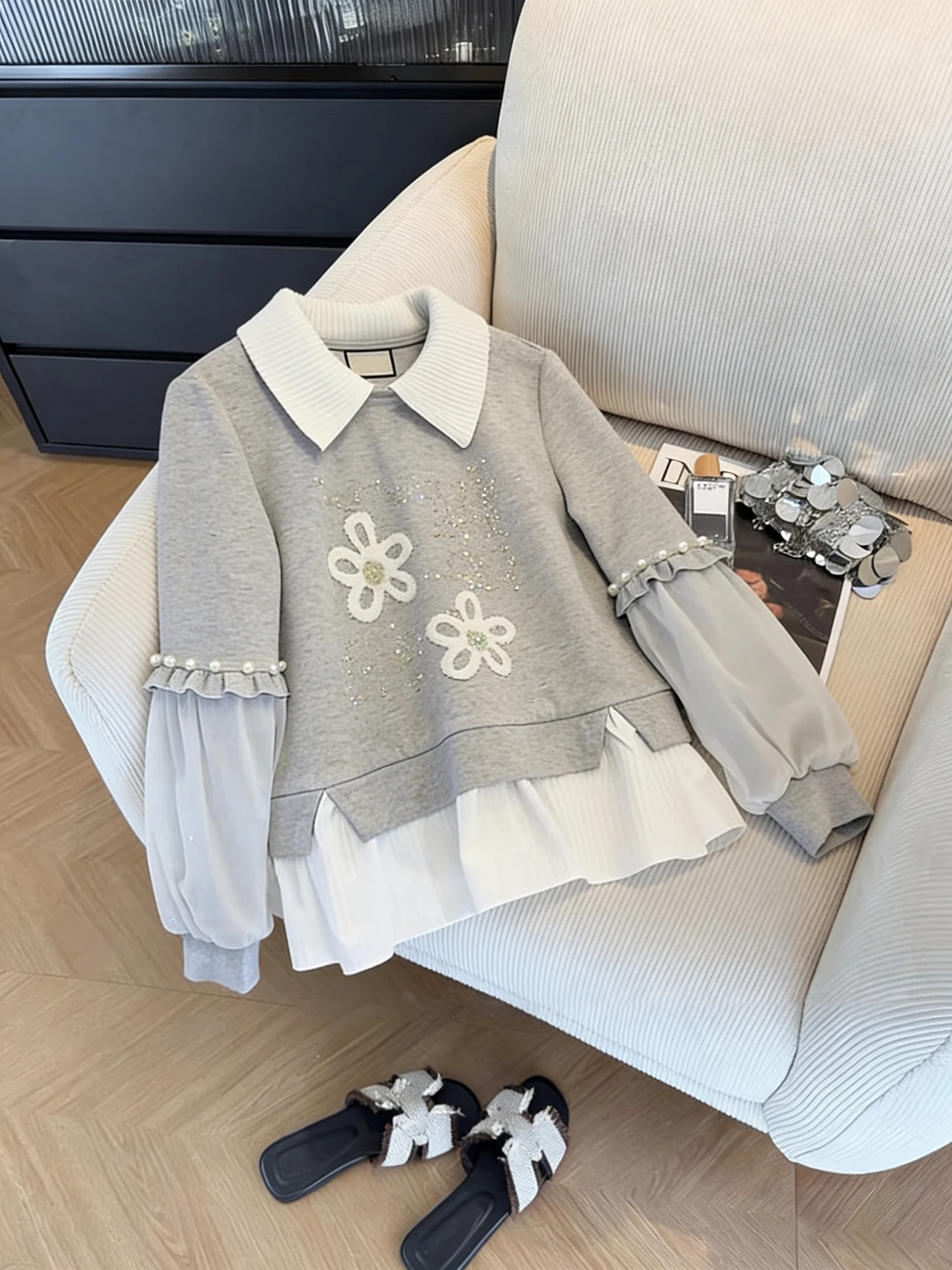 

Американский ретро-топ с бусинами, имитация двухслойного свитера, женский, весна-осень, свободный, стройнящий, модный