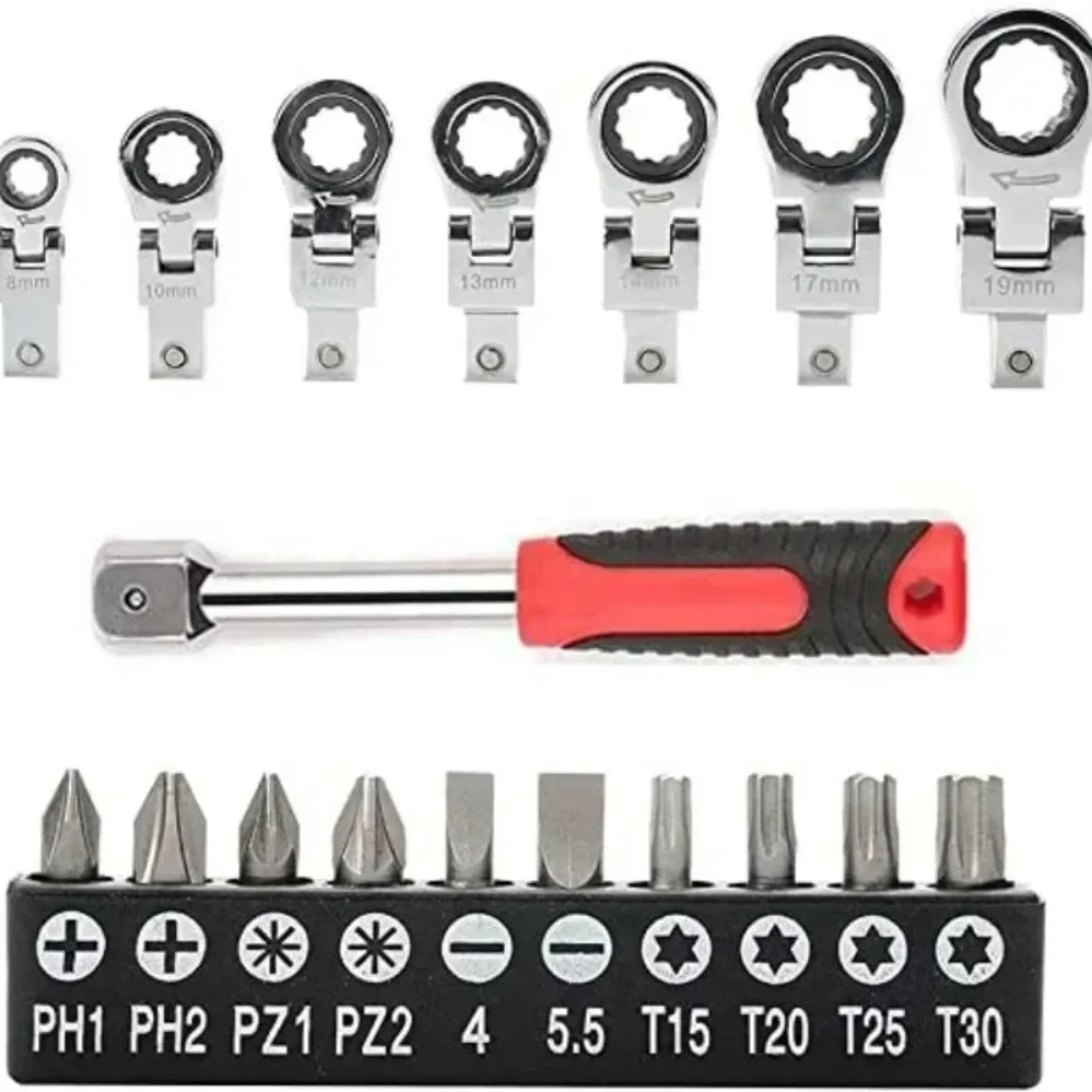 20 Pcs/set Flex Head Ratchet Wrench Set 8mm-19mm Changeable Wrench Ratchets Screwdriver Household Multifunctional Hardware Tools