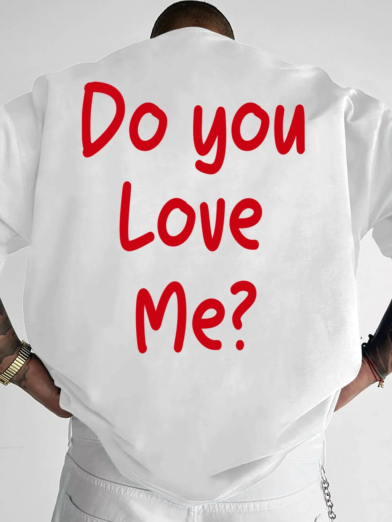 2026 Men Drop‑Shoulder T‑Shirt  Do You Love Me Handwritten Red Letter Back Print Oversized Streetwear Casual Short Sleeve Tops