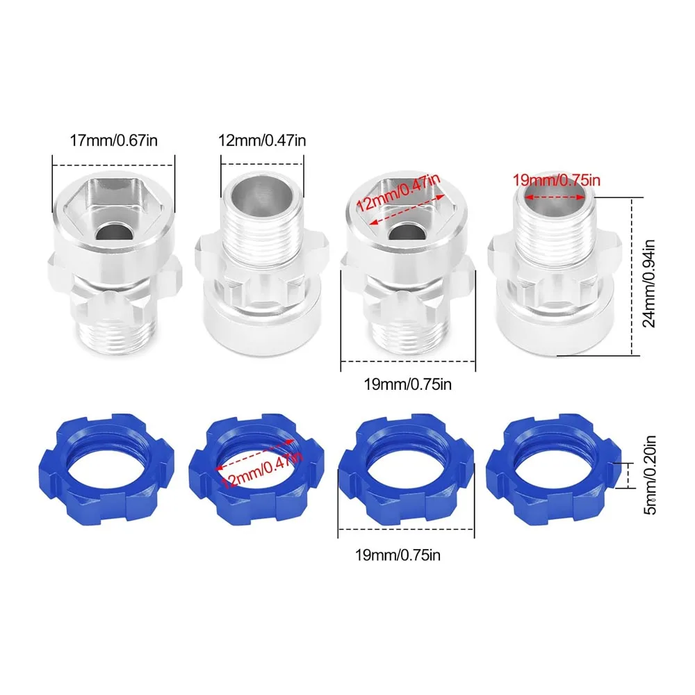 4szt Aluminiowy adapter sześciokątny koła 12mm do 17mm Nakrętki konwersji piasty do 1/10 Slash 2WD 4X4 Rustler RC Racing Tires Parts