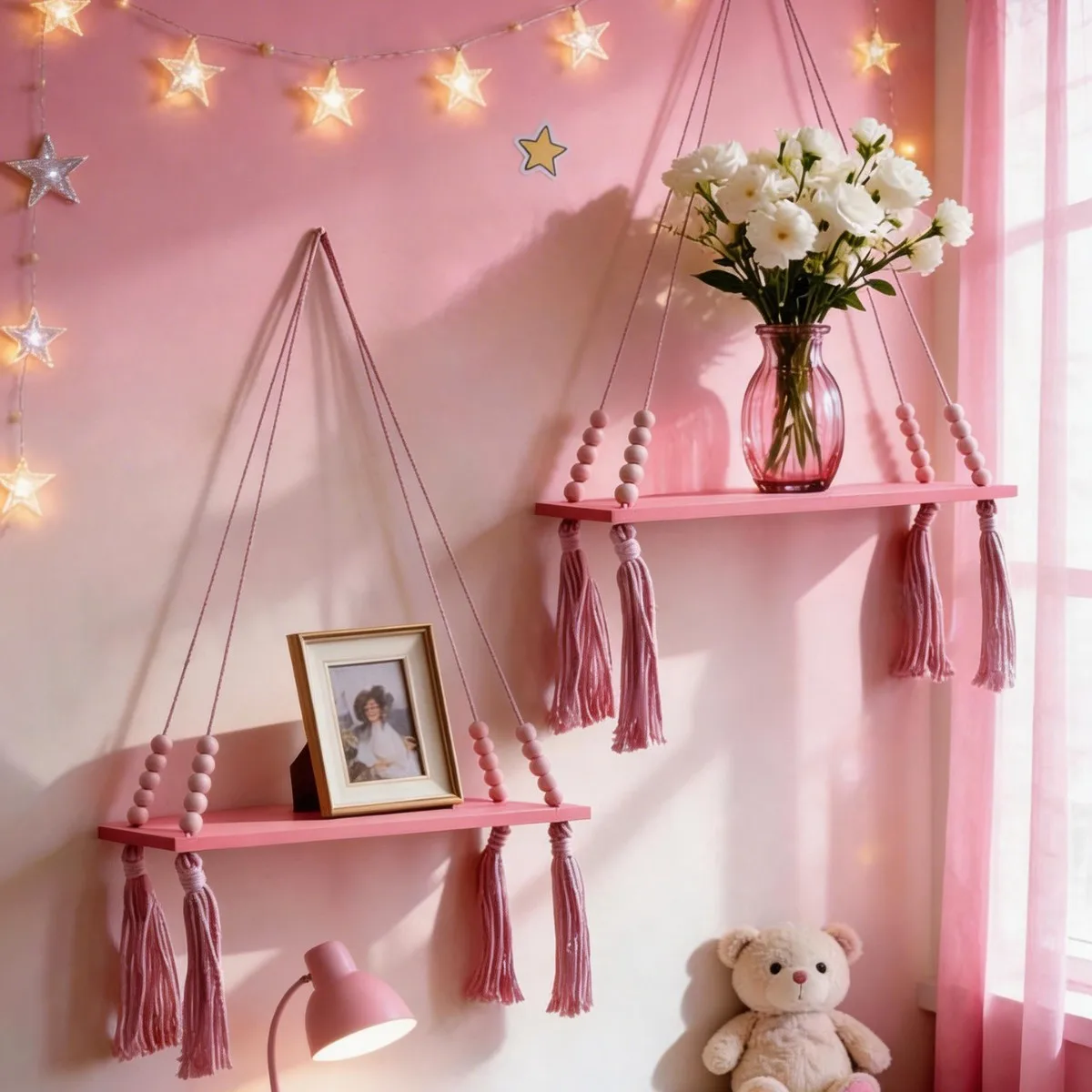 Rosa Schwebende Regale Makramee Wandregal Boho Dekorative Holzregale für Wohnzimmer Schlafzimmer Büro Dekoration