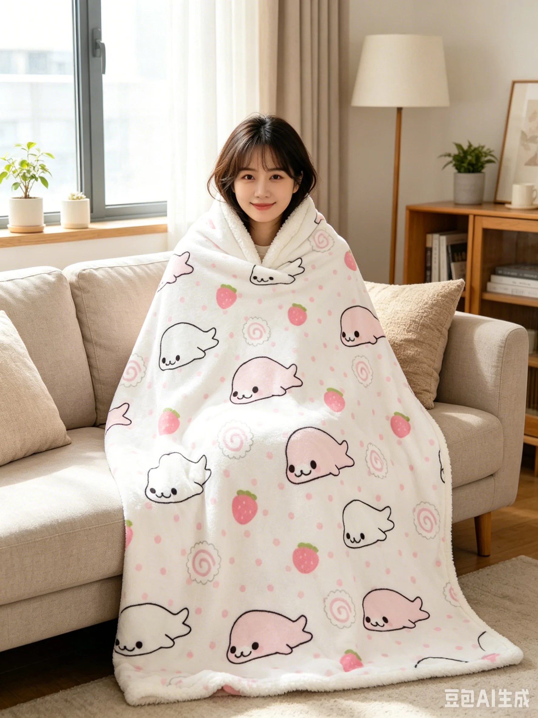 Kawaii Cartoon Pink White Seal Strawberry Print Throw Blanket, Soft Pastel Swirl Dot Pattern Flannel Cozy Blanket, Warm Decor Bl