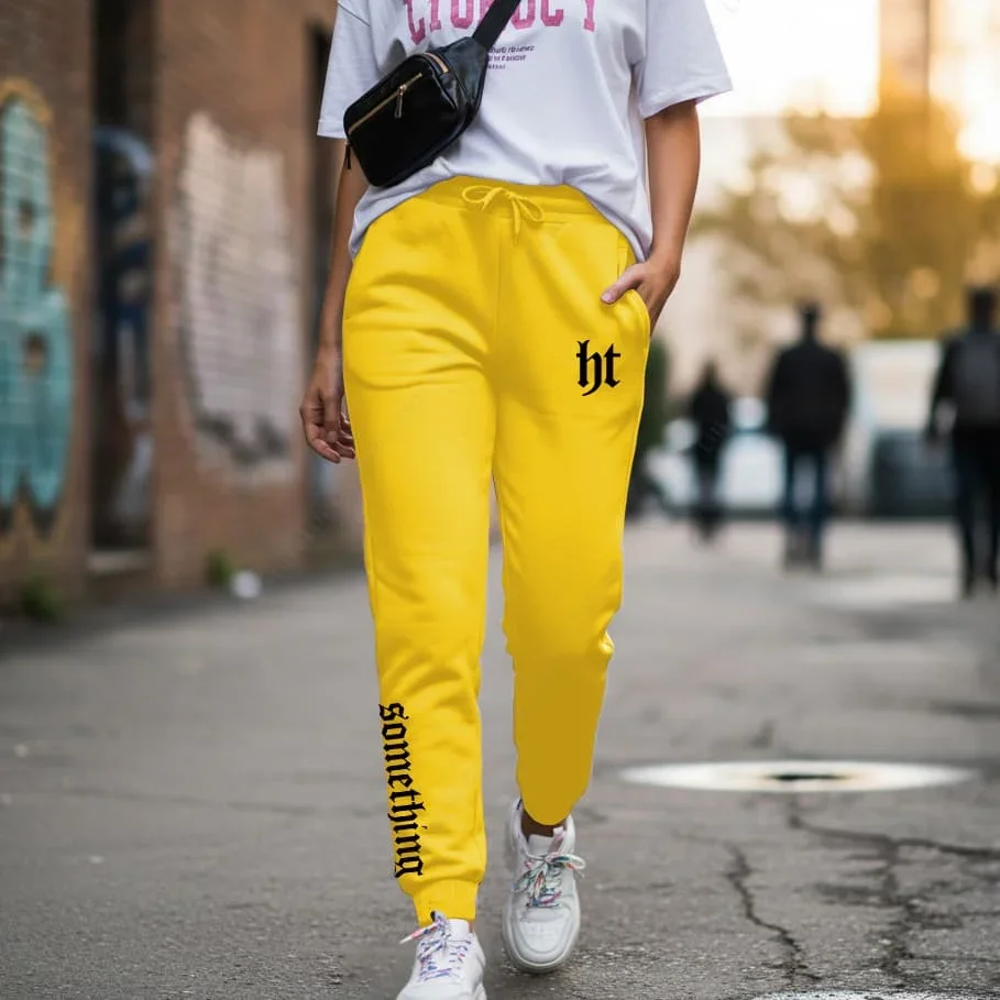 Women's Fleece Joggers Graphic Letter Print Sweatpants High Waist Streetwear Trousers Spring Autumn Y2K Casual Pants Yellow Pink