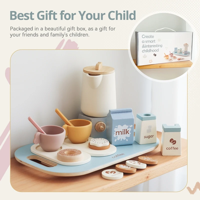 Wooden Coffee Afternoon Tea Set Toy Kid Pretend Kitchen Teapot Teacup BPA Free Silicone Role Play Game Early Montessori Toy Gift