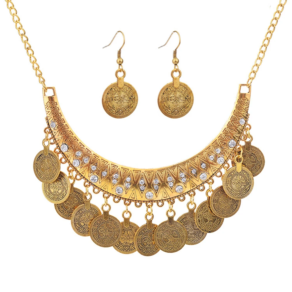 Retro Golden Silvery Coins Rhinestone Moon Pendant Necklace Earrings for Women Boho Ethnic Gypsy Collar Statement Jewelry Sets