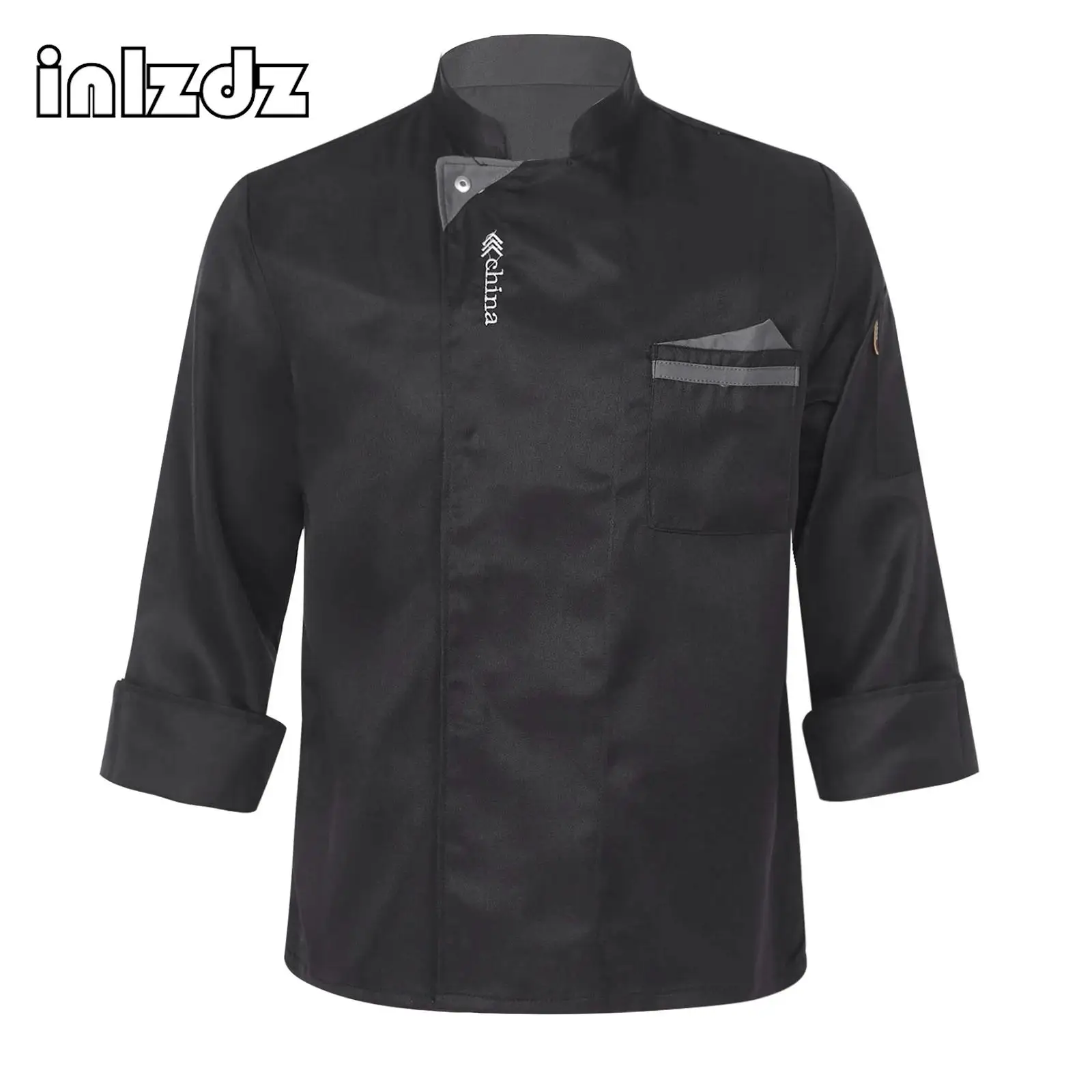 Mens Womens Letter Embroidery Chef Jacket Unisex Stand Collar Tops Kitchen Work Clothes Cook Uniform with Pockets