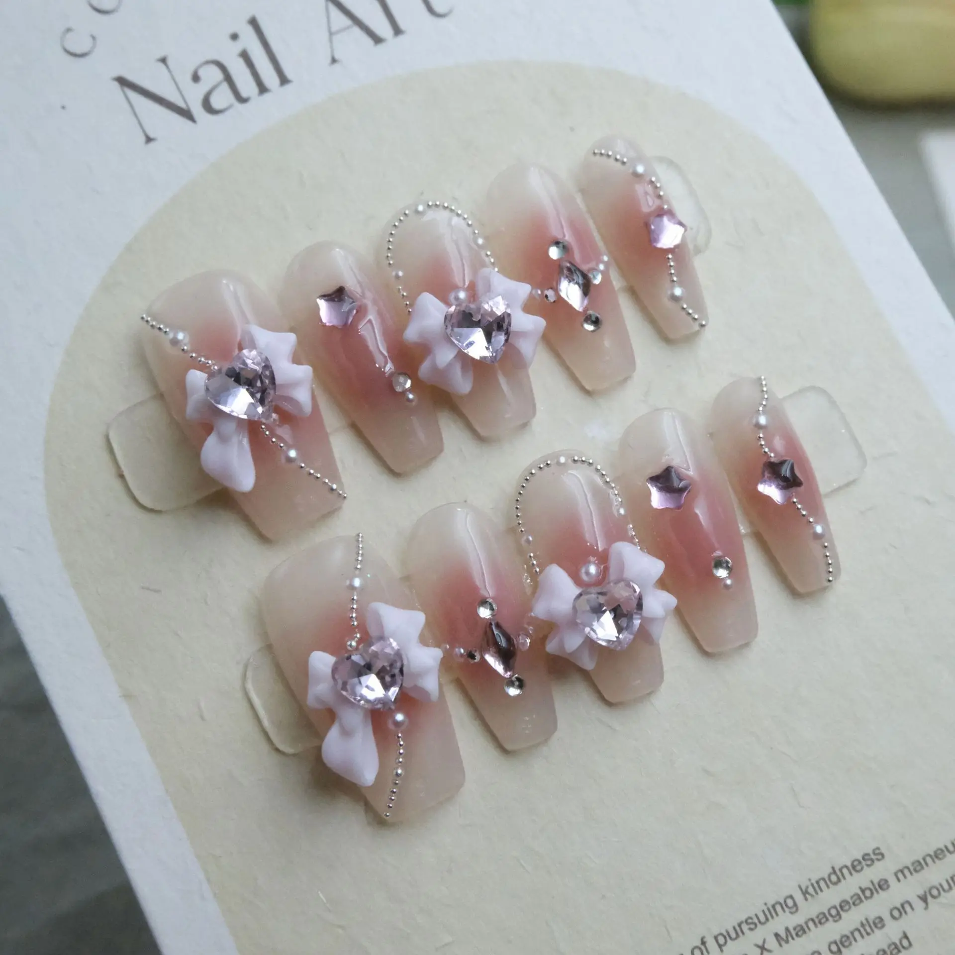 Kuku palsu buatan tangan, merah muda buatan tangan, desain ikatan simpul hati, tekanan hitam pada kuku balerina, ujung kuku palsu untuk wanita anak Perempuan 10 buah