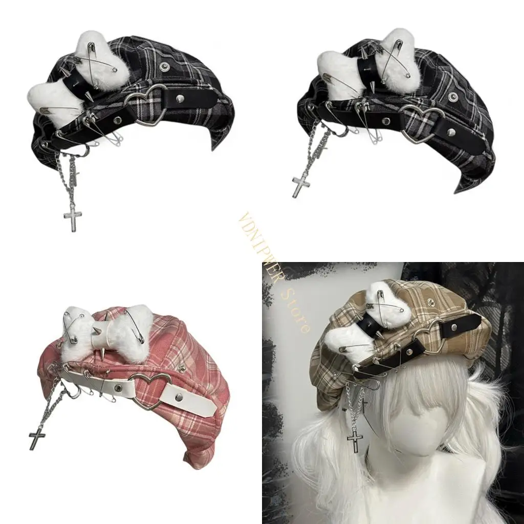 

Punk Berets Metal Chain Unisex Headwear Accessory for Women Men Cabbie Hat for Halloween Cosplay Party Outfit D08E