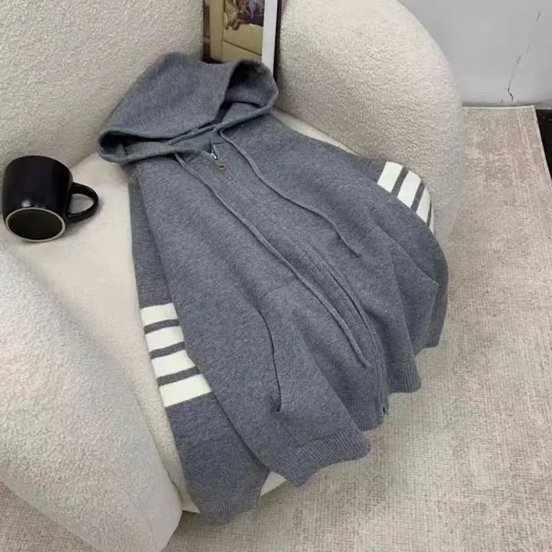 

American Style Women's Spring Autumn Thin Loose Zipper Open Cardigan Sporty Flat Knit Sweatshirt Trendy Polyester Fiber Full Sle