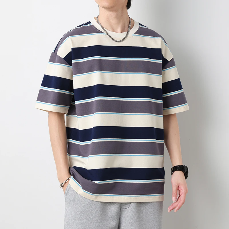 Korean Contrasting Colors Striped T-shirts Men\'s Clothing Chic O-Neck Casual Loose Summer Youthful Vitality All-match Pullovers