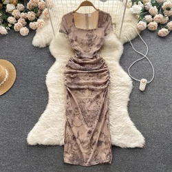 Square Collar Floral Print Dresses Spring Autumn Women Elastic Slim Split Bodycon Mesh Dress Ladies Short Sleeve Long Vestidos