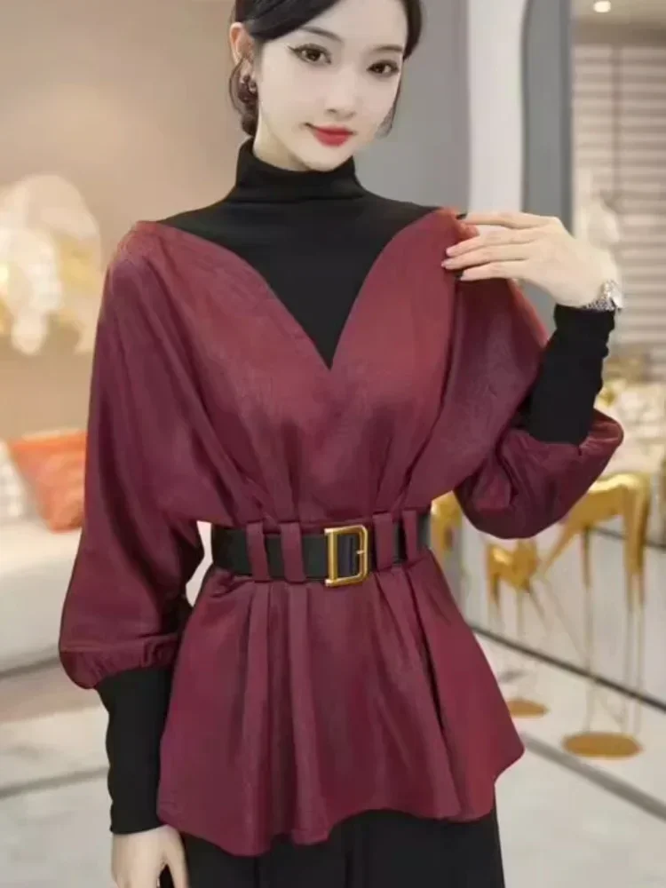 New Women Aesthetic Wine Red Fake Two Piece Loose Shirts Wtih Belt Luxury Fashion Blouse Turtleneck Spring Long Sleeve Pullover