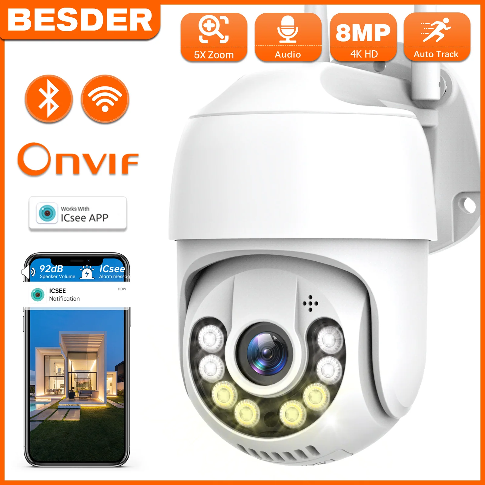 

BESDER 8MP 4K Wifi IP Camera Outdoor H.265 5MP Wireless PTZ Camera Security Cam AI Tracking Video Home Surveillance CCTV ICsee