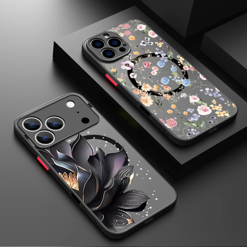 Magnetische bunte Blumen Handyhülle für iPhone Air 16e 17 16 15 Pro Max 14 13 12 Pro 11 16 Plus stoßfeste Acryl-Matte-Abdeckung