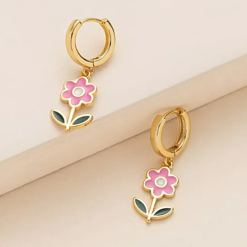 

Vintage Japanese Korean Simple Retro Style Handmade Enamel Temperament Geometric Pendant Mini Pink Blue Daisy Flower Earrings