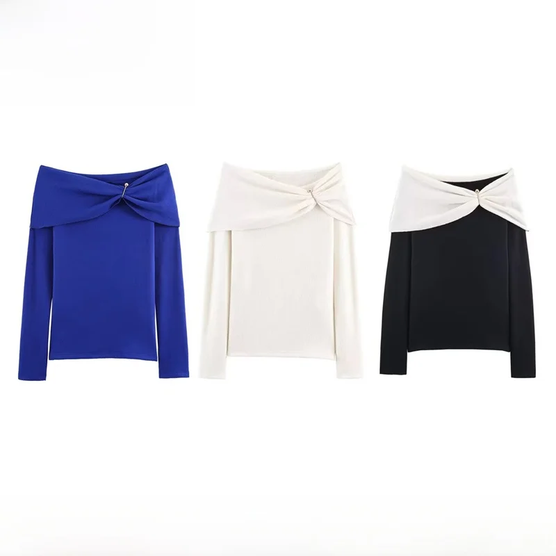 

EVEA New Women's Fashion Shoulder Bared Embellished Top Polyester Fiber Long Sleeve Warm Regular Fit Daily Wear Winter Season