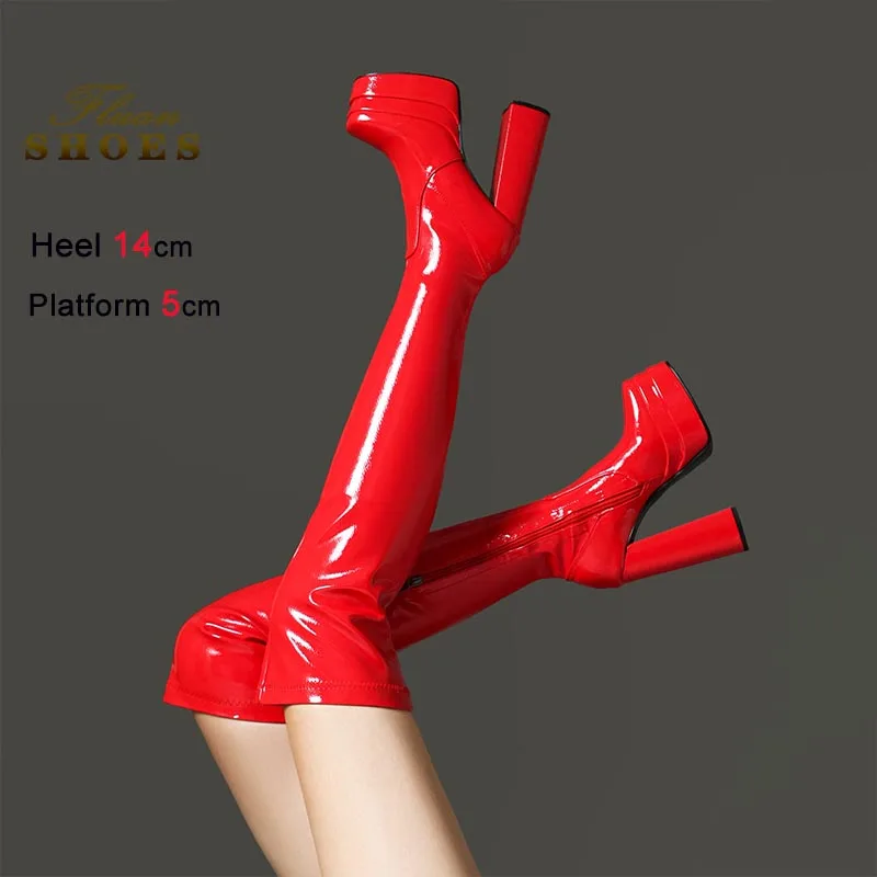 

New Tall Boots Coarse Heel Stretch Over The Knee Boots Black Super High Heels Women Thigh Boots Stage Show Fashion Long Boots CD
