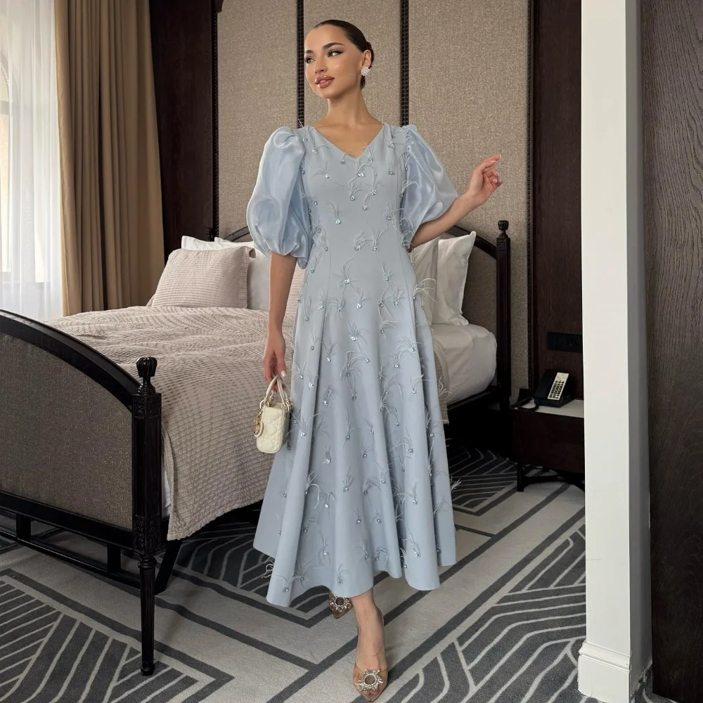 

Customized Fashion Sizes Available Jersey Feather Rhinestone A-line V-neck Midi Dresses Bespoke Occasion Dresses Modern Style