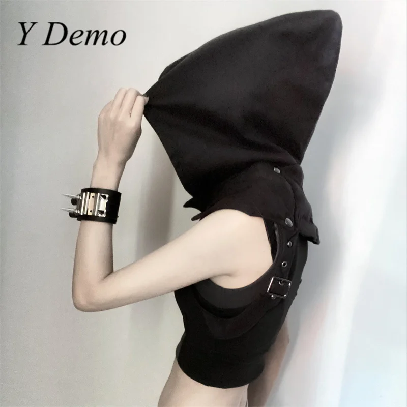 Y Demo Techwear Ninja Hoodie For Women Punk Rivets Sleeveless Zip-up Straps Vest Stage Costume Cosplay Party