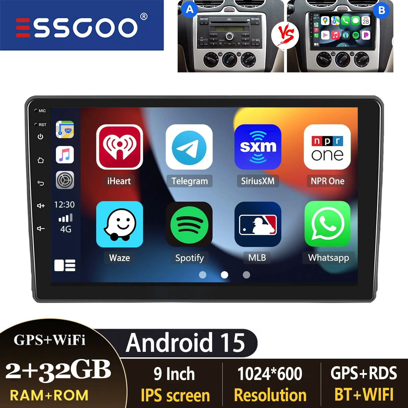 ESSGOO 9 inch autoradio voor Ford Focus MK2 Transit MK7 C-Max S-Max Kuga Galaxy Connect met Carplay, Android Auto, GPS, BT, FM, RDS en SWC