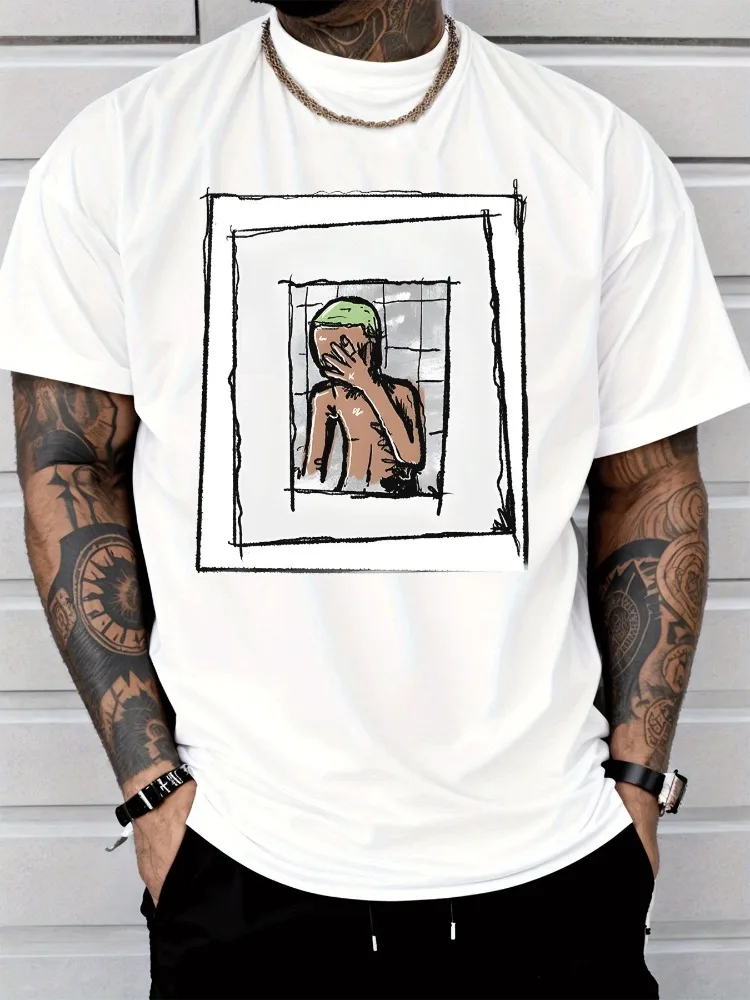 en Summer Cotton Tshirt Abstract Sketch Man Behind Window Frame Graphic Tee Hip Hop Streetwear Casual Short Sleeve Fashion Top