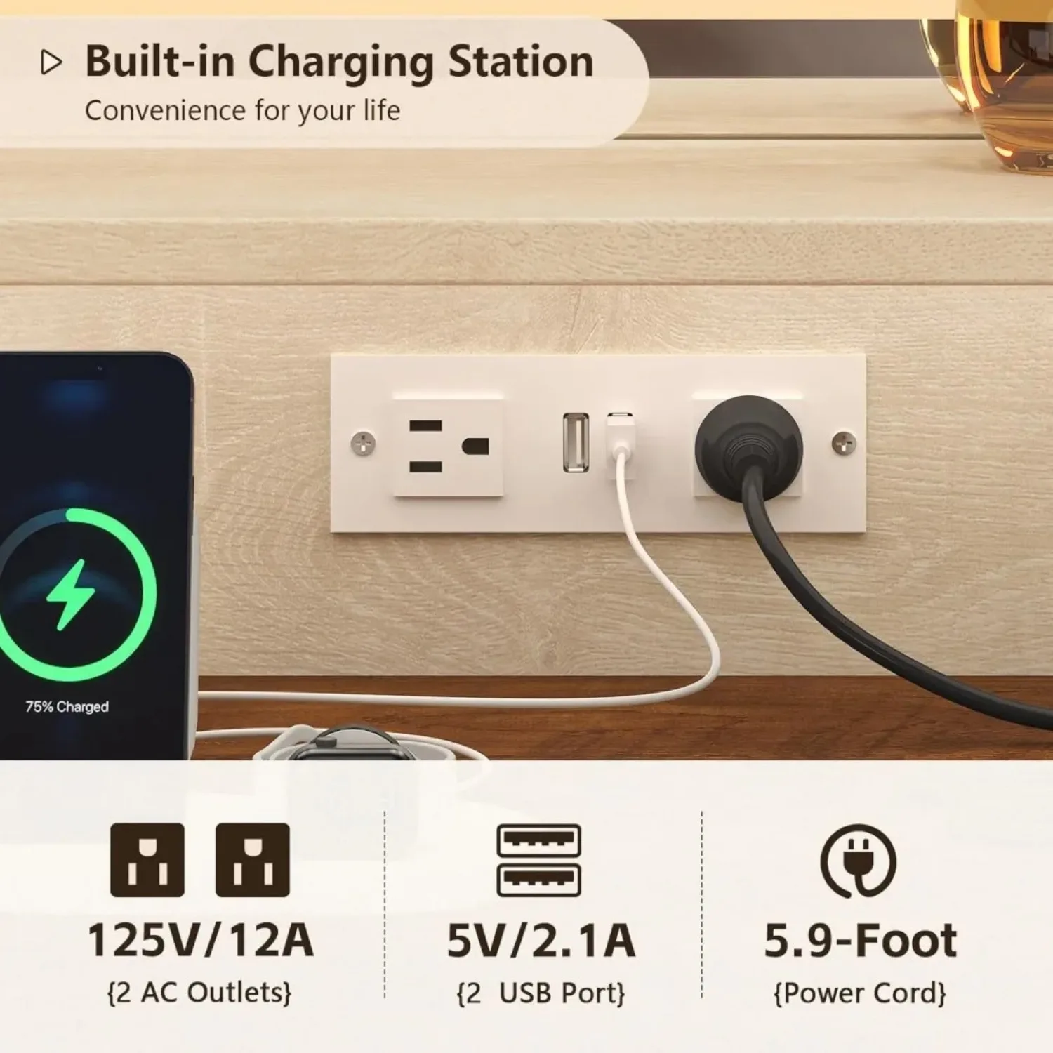 75.2" Farmhouse Vanity Desk with Mirror and Lights, 5 Drawers&2 Sliding RGB Door & Power Outlet, 3 Color Lighting Modes