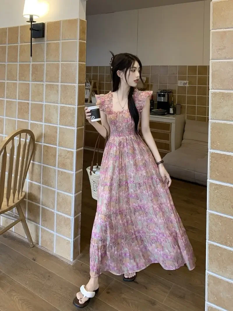 Grote maat bloemenrok Jurk met vliegende mouwen Dames Nieuw Vierkante hals Temperament Slank