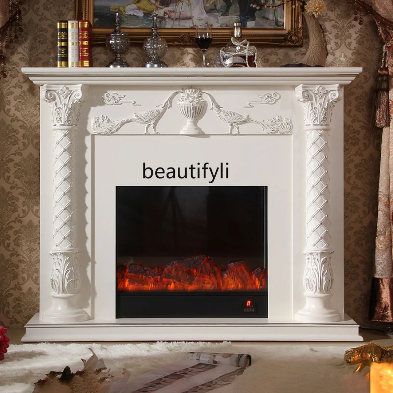 European-Style New Classical Living Room White Silver Fireplace Curio Cabinet French Retro Led Heating Electric Fireplace