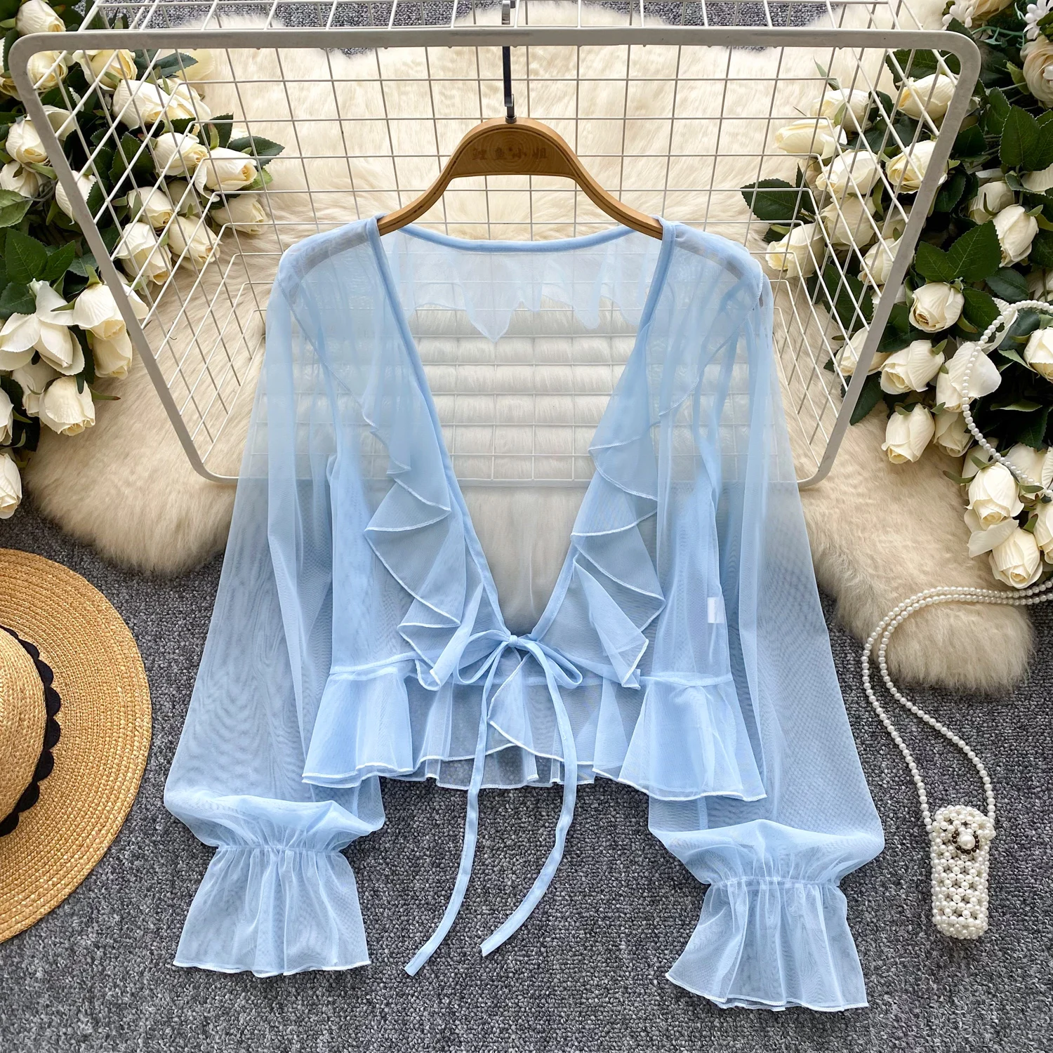 

Милая шифоновая прозрачная солнцезащитная одежда, женские рубашки, пальто, кардиганы, весна-лето, осень, модные топы с длинными рукавами и рюшами