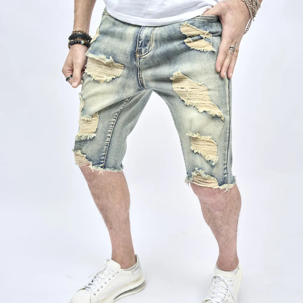 Summer Retro Style Ripped Men Slim Denim Shorts Stylish Cotton Men Street Holes Casual Beach Straight Shorts