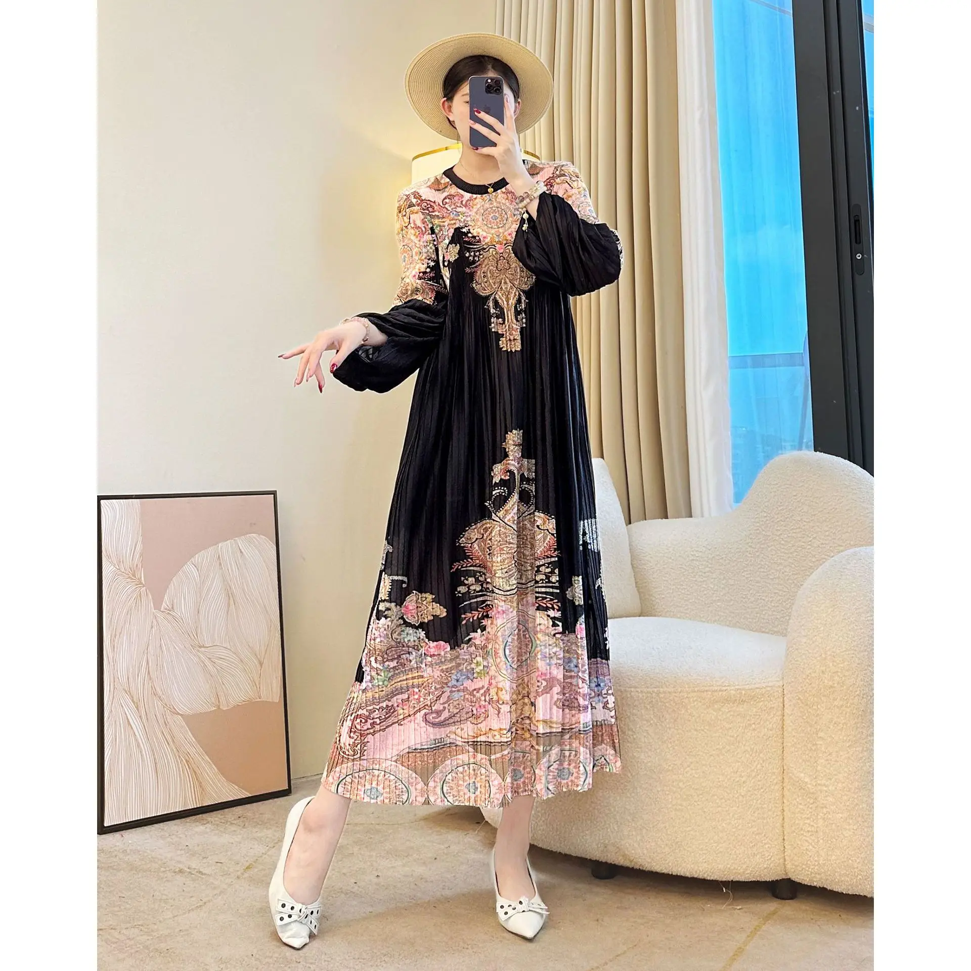 Miyake Women Pleated Satin Midi Dress - Cream Floral Embossed Long Sleeves, Printed Pleated Skirt Spring 2026 - Brunch Date Wear