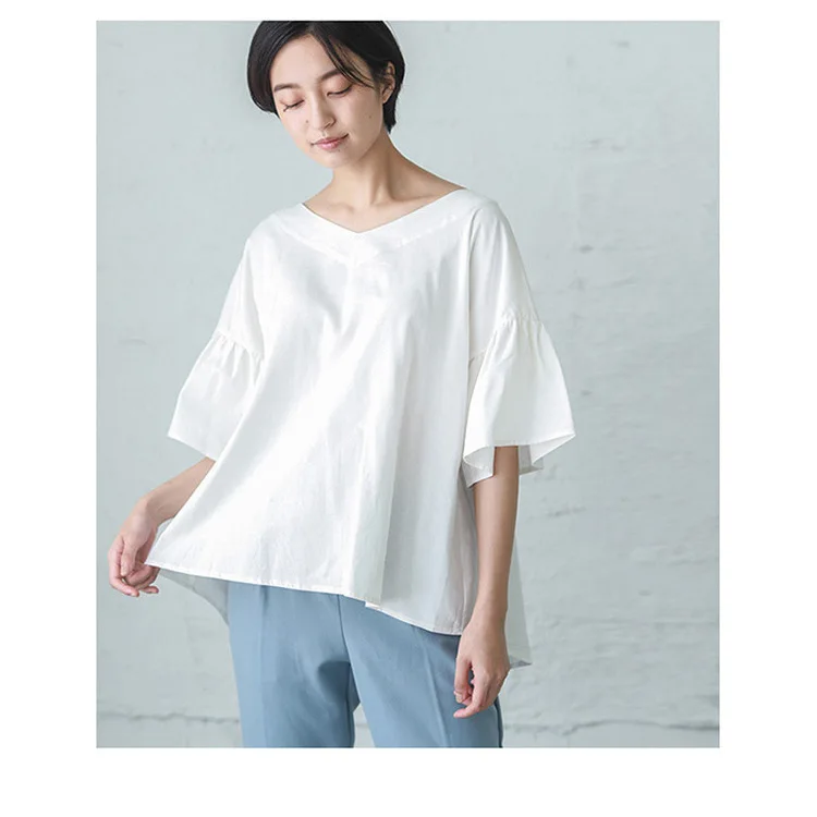 롯데 일본 및 한국 스타일 여성 반팔 셔츠 브이넥 러플 오프숄더 루즈 솔리드 컬러 캐주얼 삼분의이 소매