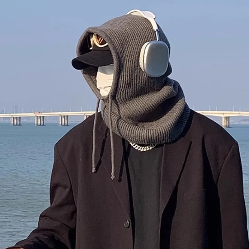 Winter Hats for Men Balaclava Knit Hats with Drawstring Warm Hooded Scarf Hat Solid Color Neck Collar Knitted Pullover Beanies