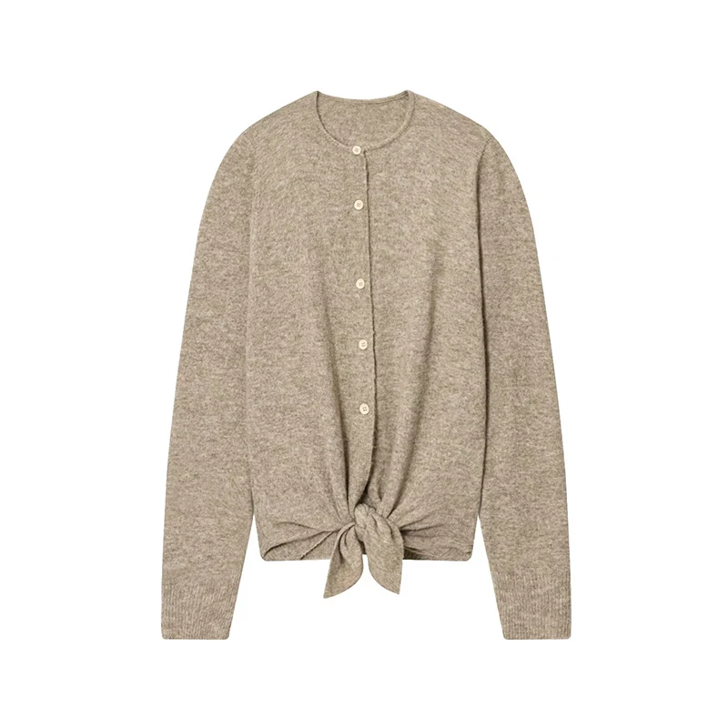 

YENKYE New Women Spring Autumn Front Knot Hem Knit Cardigan Single Breasted Long Sleeve Round Neck Casual Knitwear