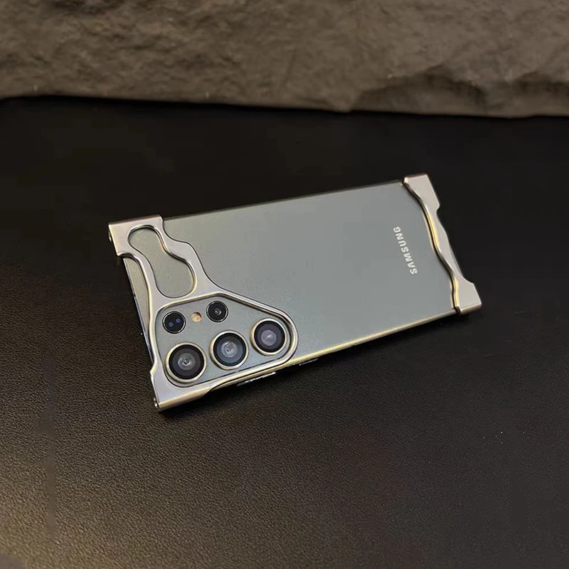 Funda de teléfono con parachoques de aleación de aluminio irregular para Samsung Galaxy S23 S24 Plus 25, película protectora de lente Ultra, cubierta de Metal a prueba de golpes