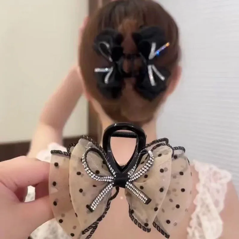 Trendy Lace Bow Hair Claw Sweet Geometric Butterfly Hair Clamp Woman Girls Vintage Elegant Rhinestone Ponytail Clip Accessories