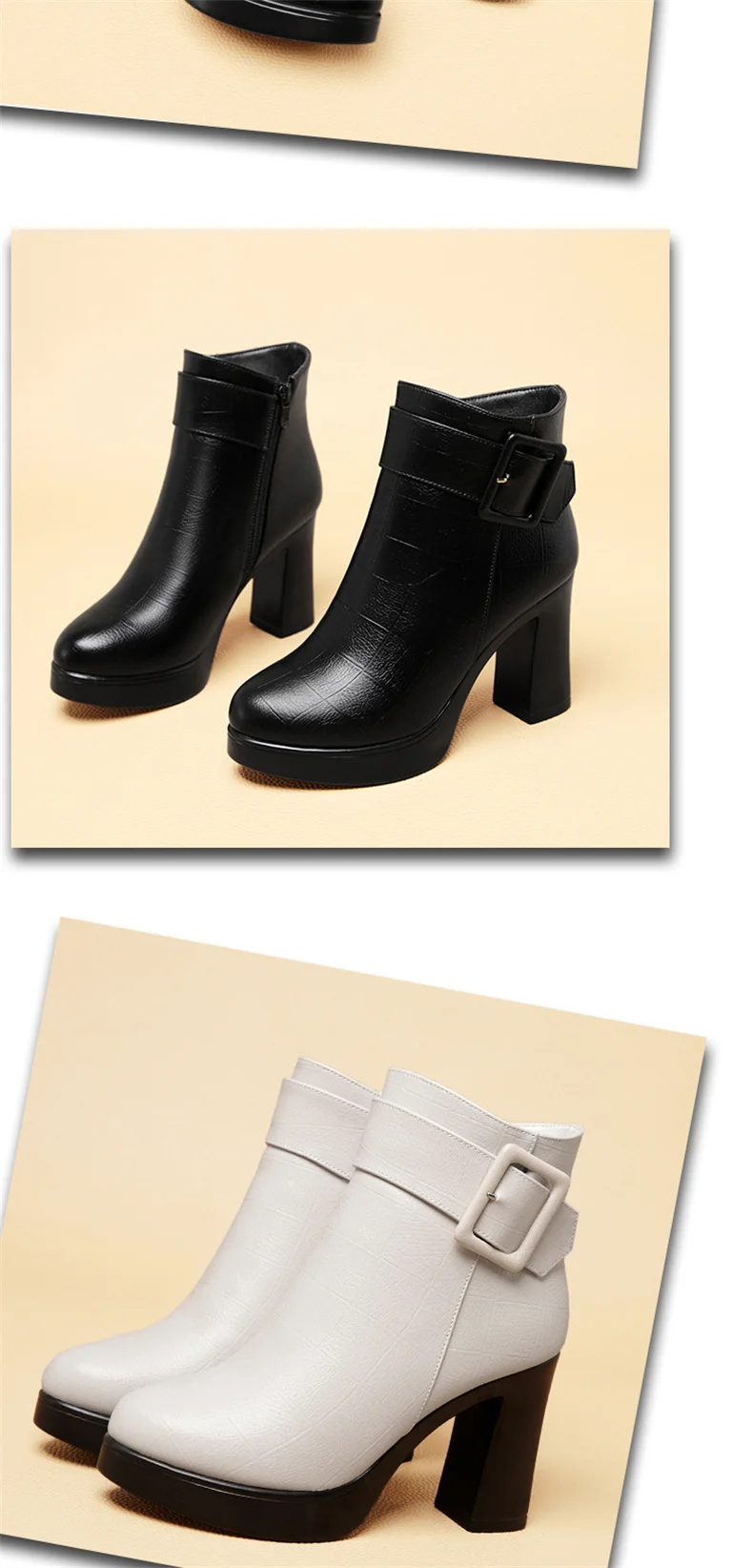 Winter Black Thick High Heel Ankle Boots Women 2024 Keep Warm Fashion Elegant Short Buckle Decoration Leather Boots