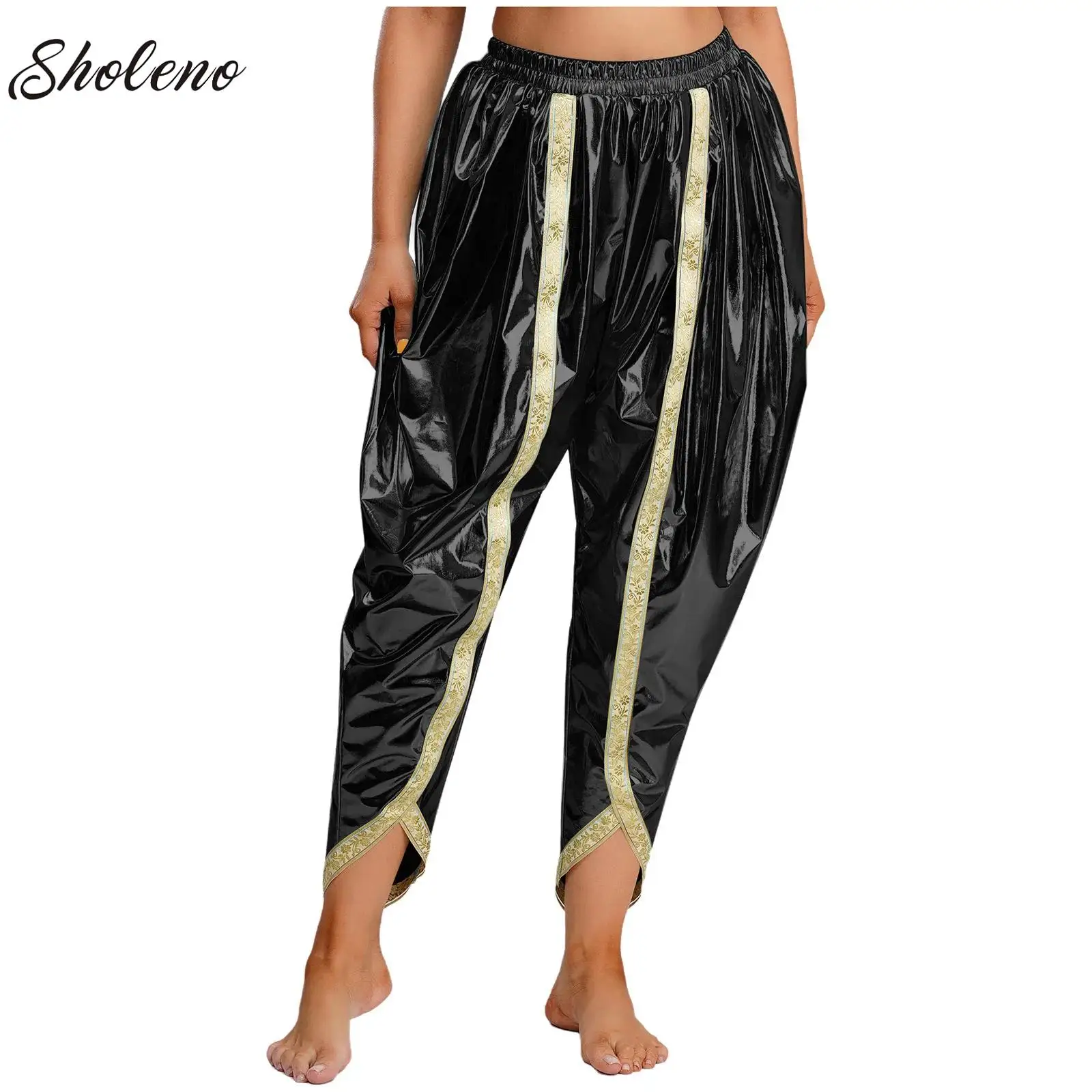 

Adult Satin Dhoti Pants Men Arabian Prince Costume Women Metallic Arab Baggy Pants Palazzo Bloomers Halloween Carnival Cosplay