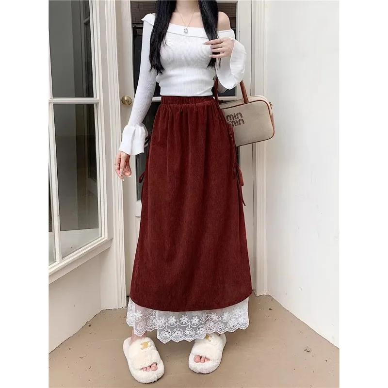 New corduroy lace double layered spring solid color skirt casual women's autumn all match A-line fashion long skirt